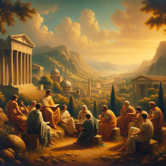 Ancient Roman philosophers engaged in thoughtful discourse against a backdrop of Roman temples and hills, symbolizing Stoic virtues.