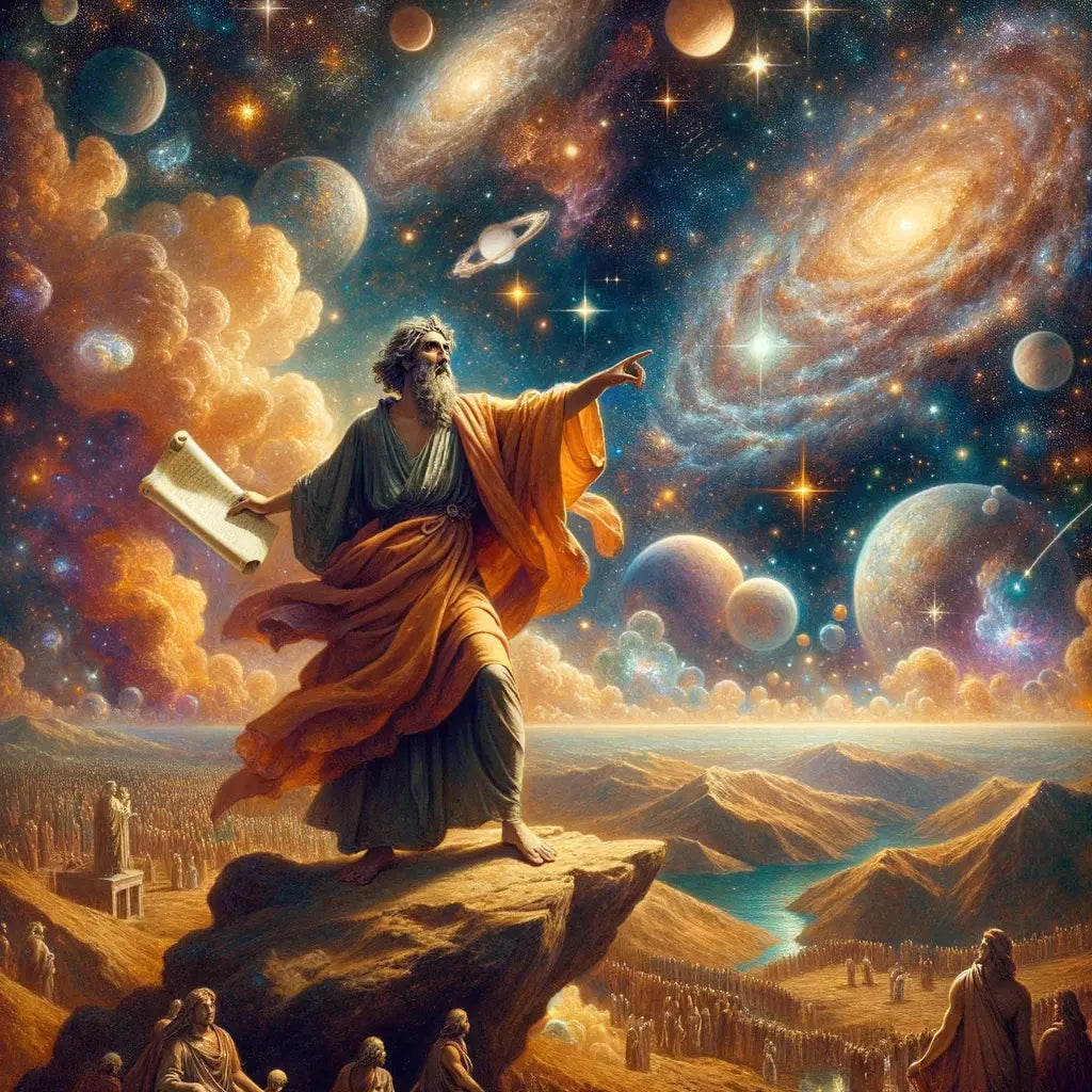 Ancient Greek philosopher gestures towards a cosmic scene, embodying celestial harmony and divine order, in the style of classic 1960s historical films.