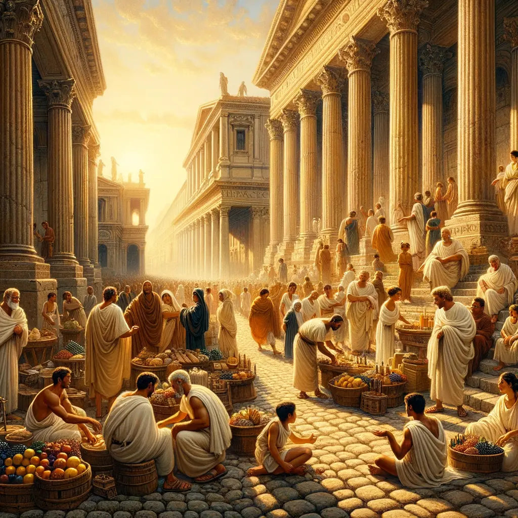 Bustling ancient Roman street with merchants, philosophers, and children under grand architecture, styled like a 1960s epic film.