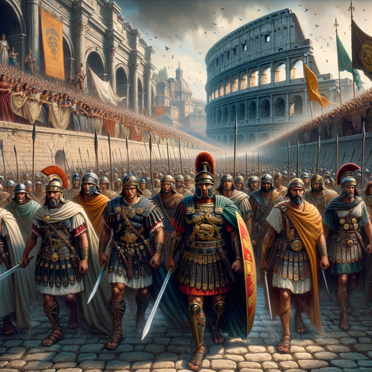 Roman soldiers marching in front of the Colosseum, symbolizing the military might and cultural significance of ancient Rome.