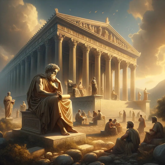 An ancient Greek philosopher, holding a scroll, stands dreamily by a grand marble structure with Doric columns, representing Stoicism, in a sunlit scene reminiscent of 1960s historical films.