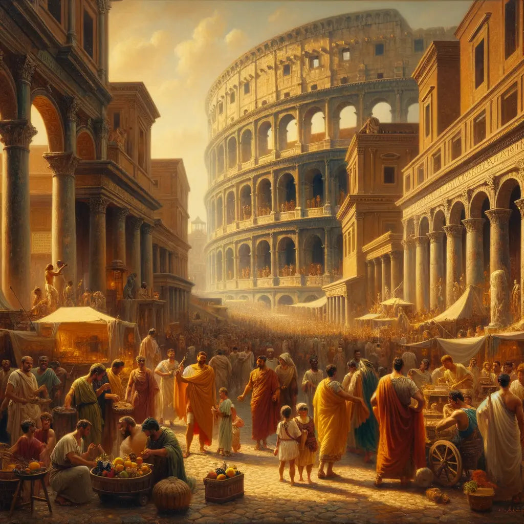 Bustling ancient Roman street with the Colosseum and Pantheon, capturing the lively atmosphere of Classical Rome.