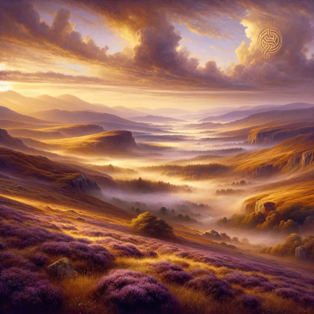 Heather-covered hills under a sunrise with ethereal mist, featuring subtle ancient Celtic symbols in the sky, in a mystical 1960s historical epic style.