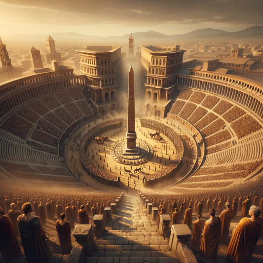 Aerial view of the ancient Circus Maximus with central Spina and Egyptian obelisks, surrounded by a roaring crowd, in a style reminiscent of 1960s historical epic films.