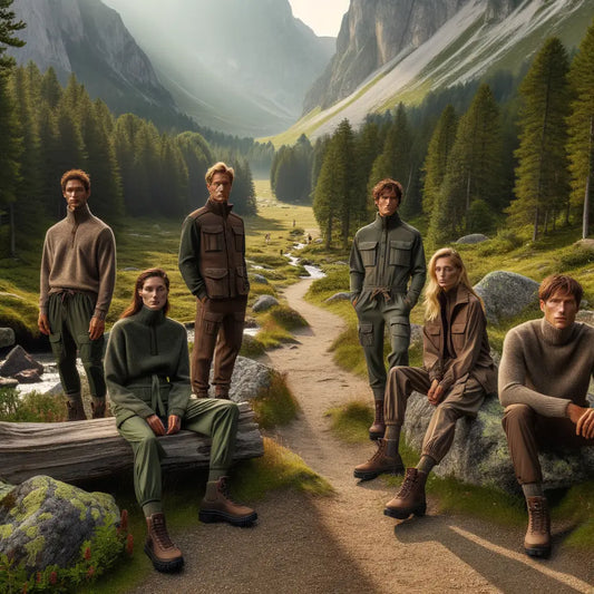 Models wearing eco-friendly bio-cotton clothing in natural colors on a mountain trail, symbolizing style and sustainability.