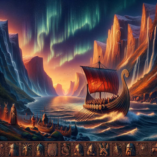Cinematic painting of a Nordic landscape featuring towering fjords, Northern Lights, a Viking ship, and Norse gods, in the style of 1960s historical epics.