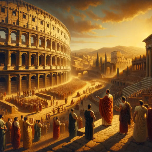 Majestic sunset view of the Roman Colosseum, highlighting its architectural grandeur in a 1960s historical film style.