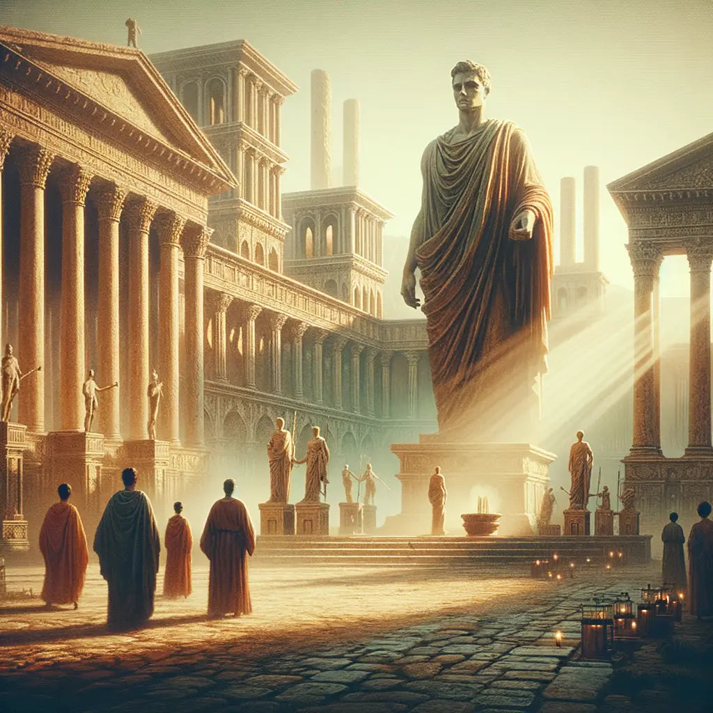 Julius Caesar statue amidst ancient Roman architecture, symbolizing his enduring influence on the empire, with a style inspired by 1960s historical films.