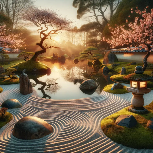 A peaceful Zen garden at dawn with cherry blossoms, sand patterns, and koi pond.
