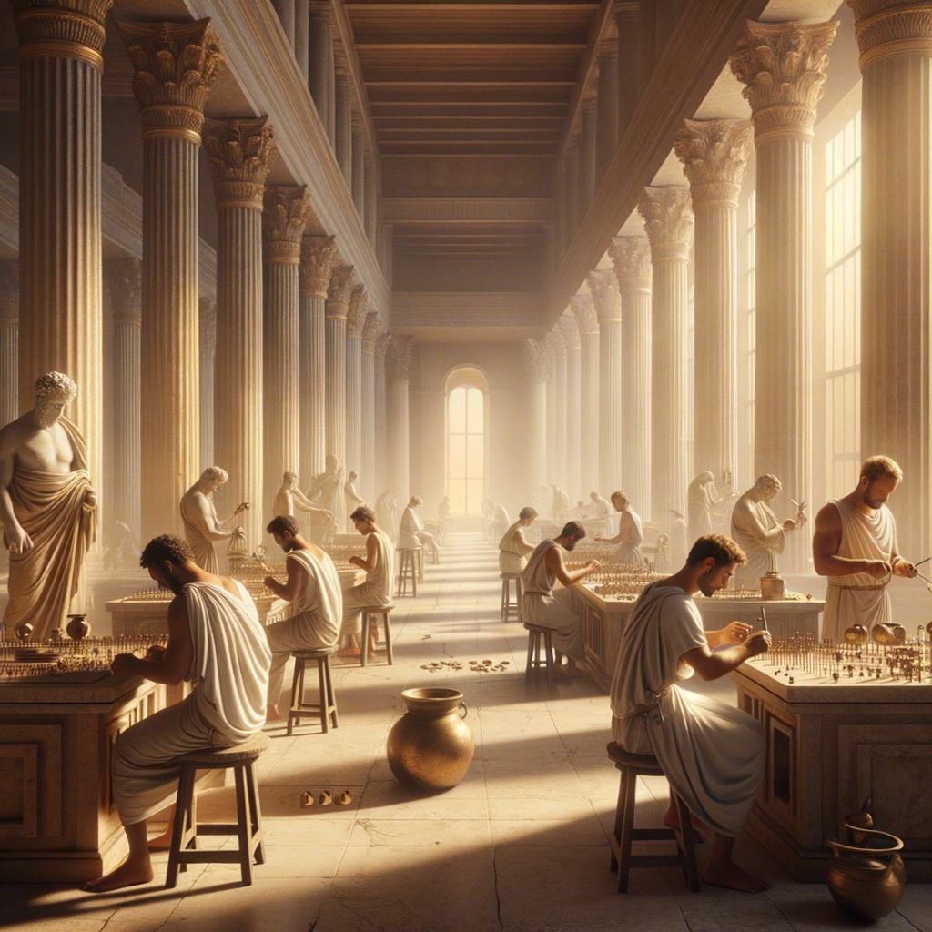 Artisans in an ancient Roman workshop creating minimalist jewelry, inspired by Stoic philosophy, under warm daylight and surrounded by classical architecture.