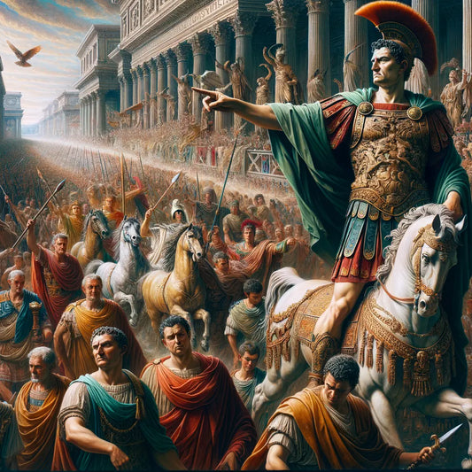 Artistic representation of Julius Caesar leading a triumphal procession through the streets of ancient Rome.