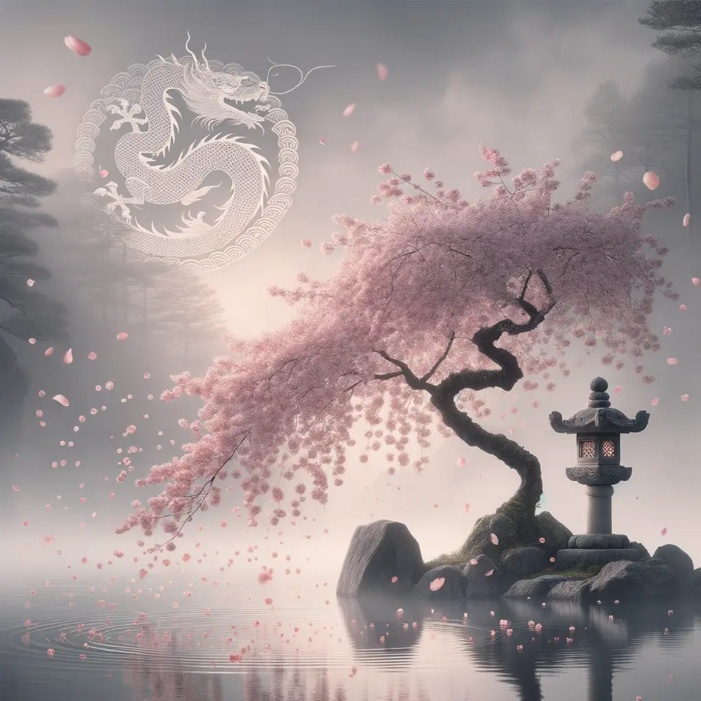 Ein einsamer Kirschblütenbaum in voller Blüte neben einem ruhigen Teich mit sanften Lichtstrahlen und einer subtilen Drachenform am Horizont — minimalistisch, harmonisch und kulturell inspiriert.