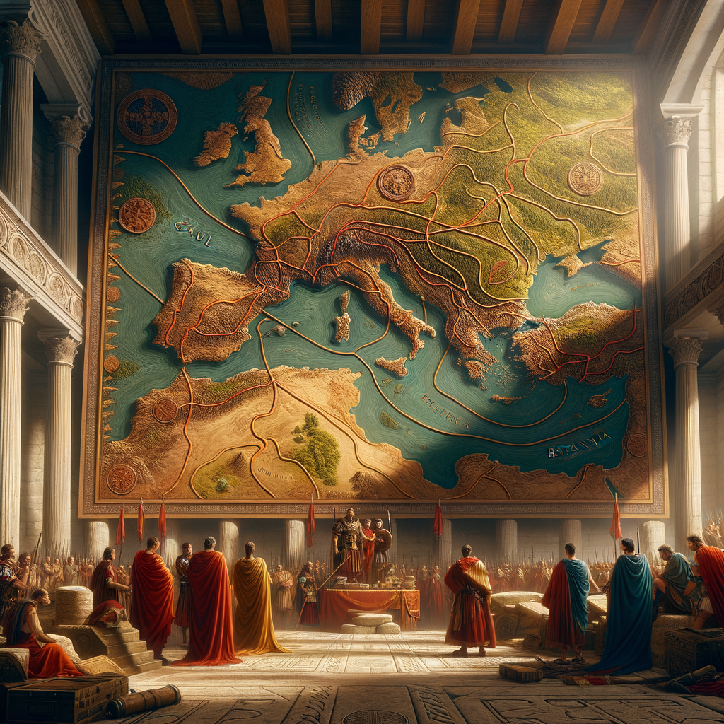 Intricate Roman military map depicting Julius Caesar's campaigns with routes and battles, highlighted in cinematic style from 1960s film epics.