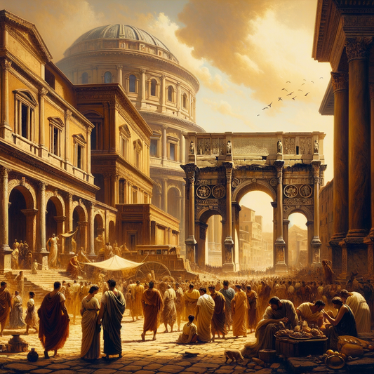 A cinematic painting of a bustling street in Ancient Rome with citizens in traditional attire surrounded by Roman architectural landmarks, inspired by 1960s historical epics.