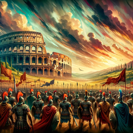 A dramatic representation of a Roman historical battle, featuring armored soldiers and the Colosseum.