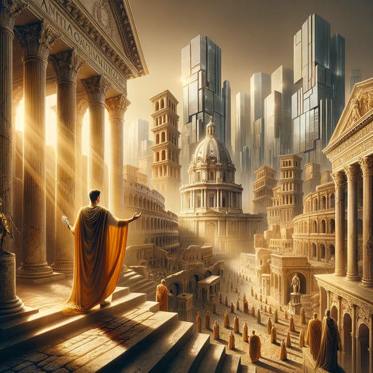 Augustus Caesar depicted in a scene blending ancient Roman ruins with modern city architecture, highlighting his enduring influence in a 1960s-style historical epic painting.