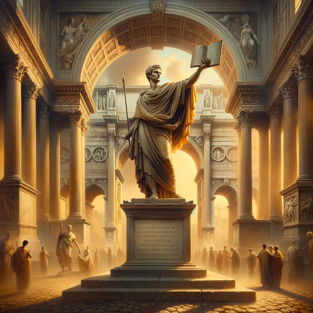 Statue of Marcus Aurelius in Rome, framed by ancient Roman architecture, in a style reminiscent of 1960s historical films.