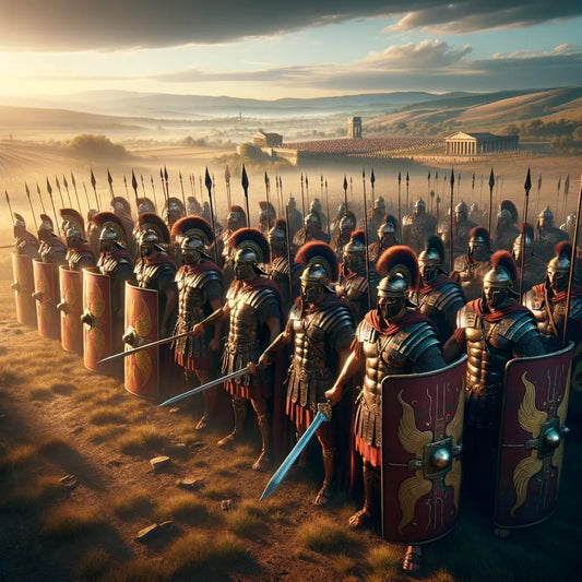 Roman legionaries in battle formation on a historical battlefield, showcasing their gladius swords and scutum shields, with a dramatic landscape background, in a style reminiscent of 1960s historical epics.