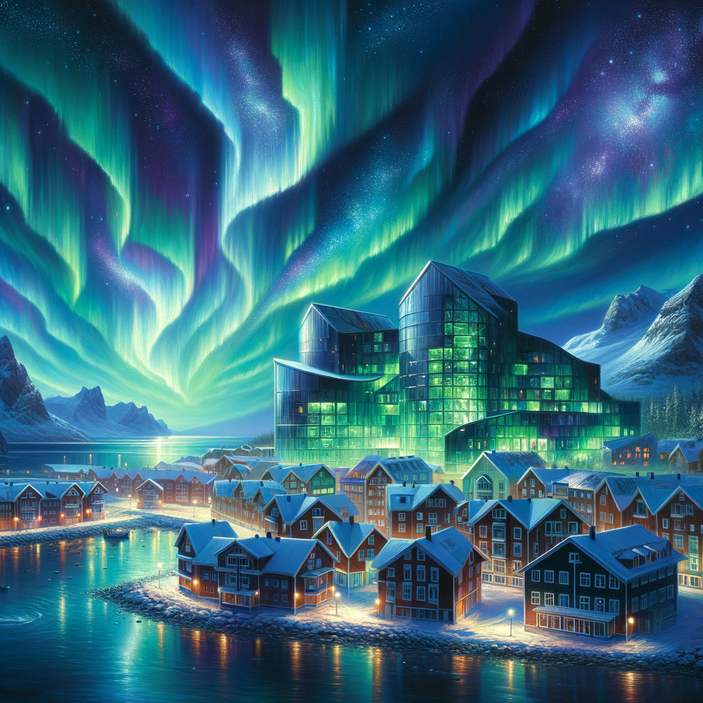 Modern and traditional architecture under an aurora borealis in a Nordic landscape, blending innovation with heritage in a cinematic style.