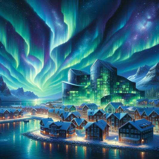 Modern and traditional architecture under an aurora borealis in a Nordic landscape, blending innovation with heritage in a cinematic style.