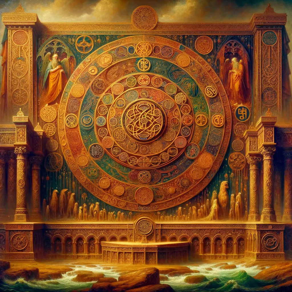 Vibrant tapestry featuring Celtic deities Dagda, Morrigan, and Lugh, in the style of classic cinematic epics.