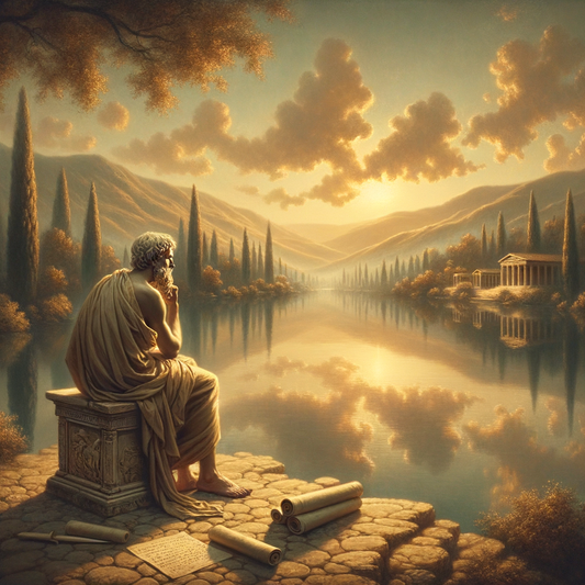 A serene lake in an ancient Roman landscape reflecting a tranquil sky, with a philosopher standing in contemplation near a stone bench and scrolls, embodying inner peace.