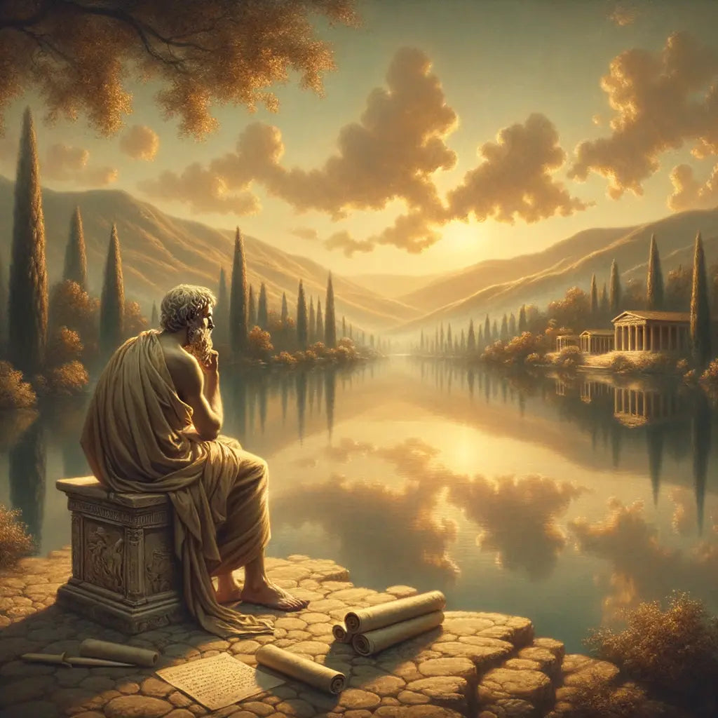 A serene lake in an ancient Roman landscape reflecting a tranquil sky, with a philosopher standing in contemplation near a stone bench and scrolls, embodying inner peace.