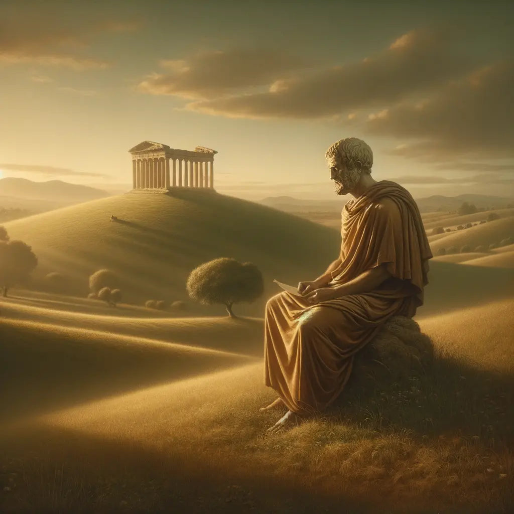 Serene landscape with a Roman philosopher in toga, emphasizing stoic calmness with light and shadow play, inspired by 1960s historical epics.