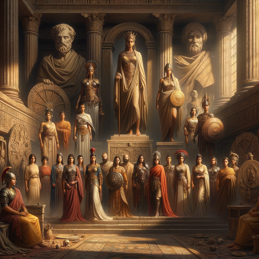 Stoic Roman and Viking women in a grand historical tableau with philosopher busts, in a 1960s epic film style.