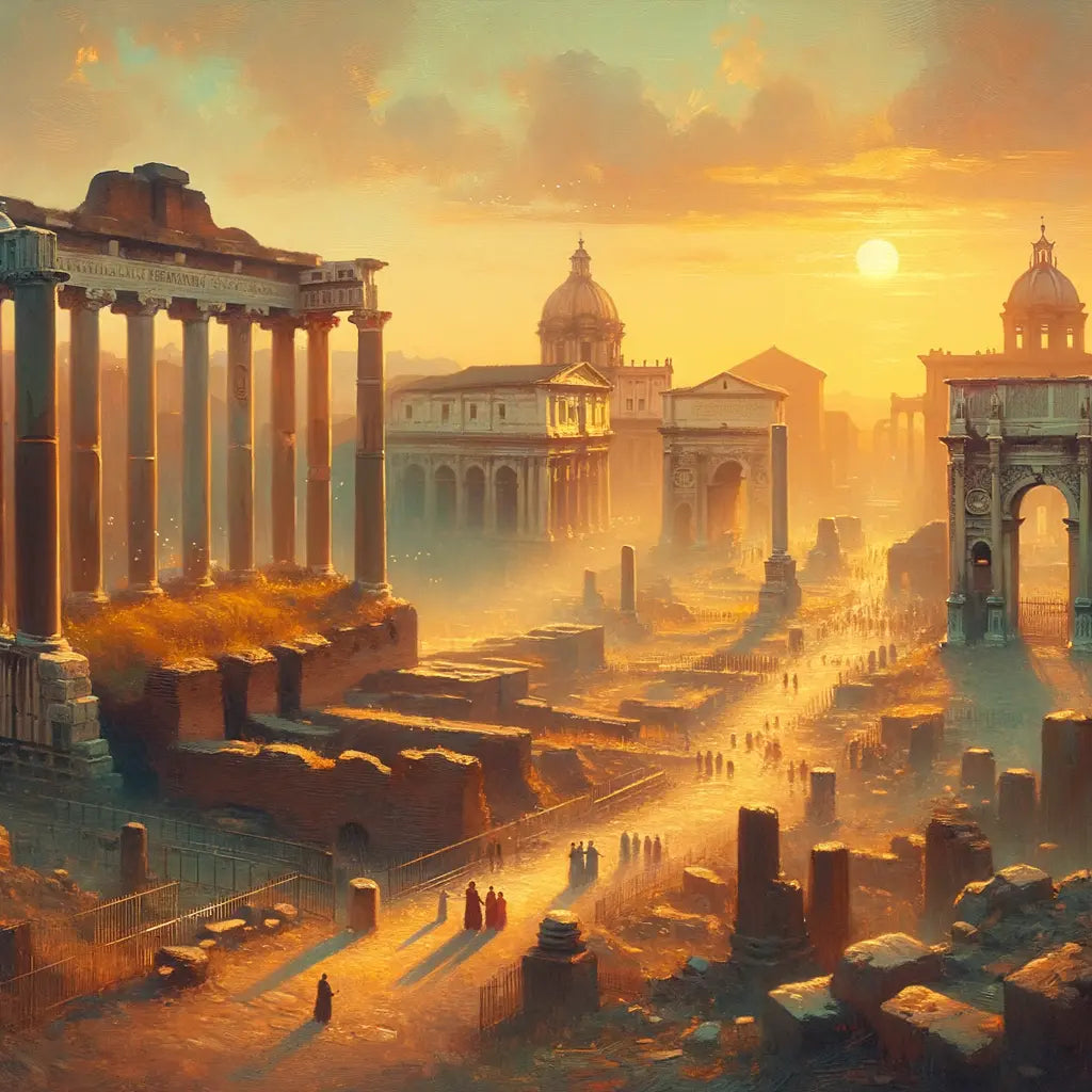 Panoramic view of the Roman Forum ruins at sunset, bathed in golden light, with visitors exploring, inspired by 1960s historical film style.