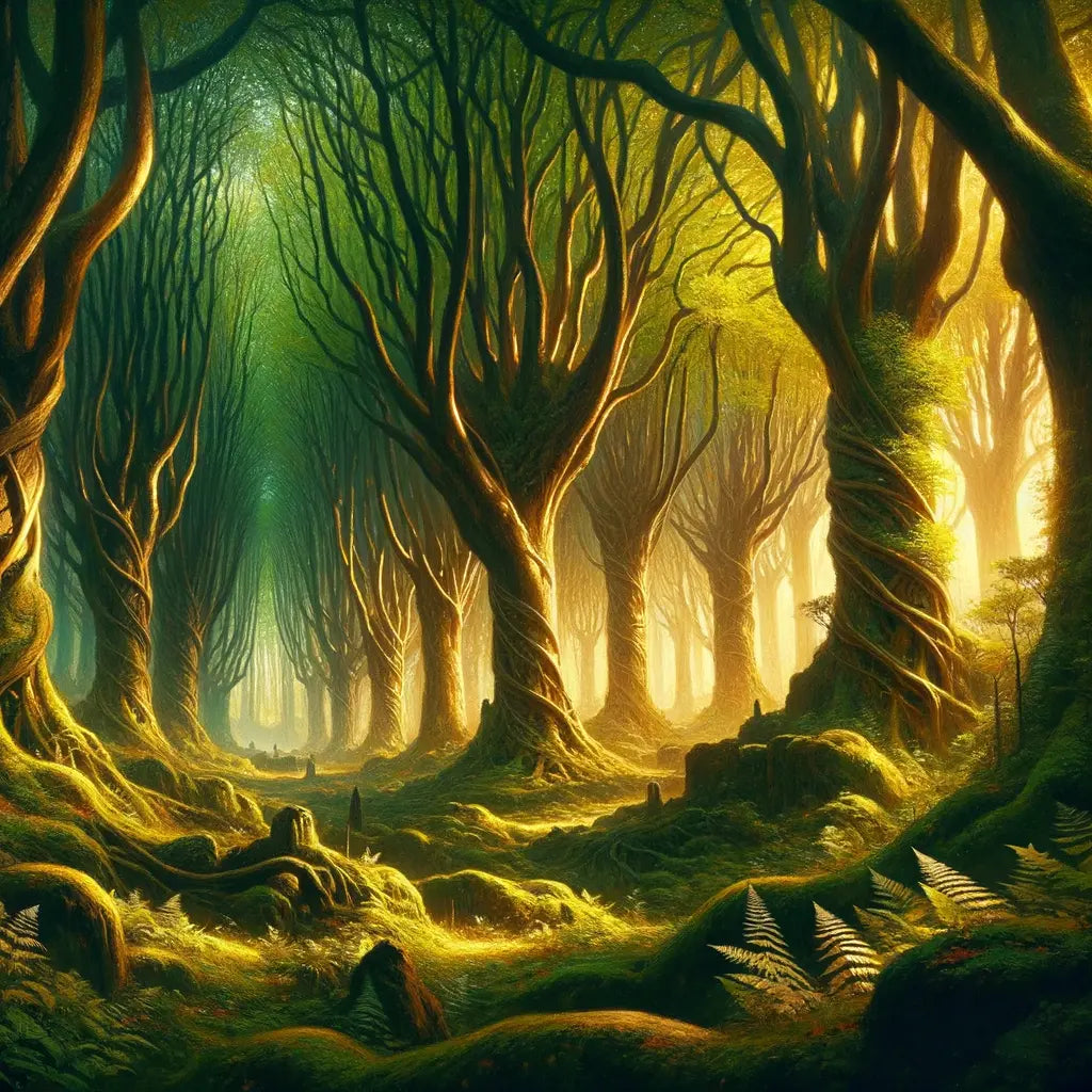 A mystical forest grove with ancient trees and sunlit leaves, evoking spiritual timelessness, inspired by 1960s historical epic films.