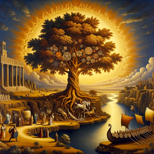 A symbolic painting of the English language tree, featuring Viking ships and Norman shields, set in a 1960s historical epic style.