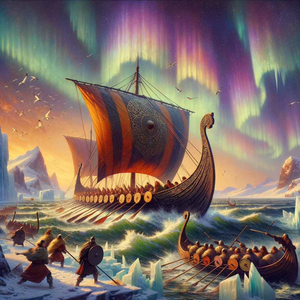 Viking longship under Northern Lights in icy waters, capturing Norse adventure.