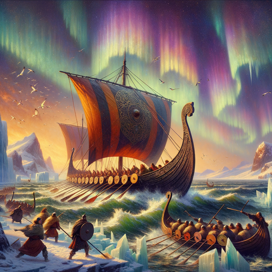 Viking longship under Northern Lights in icy waters, capturing Norse adventure.