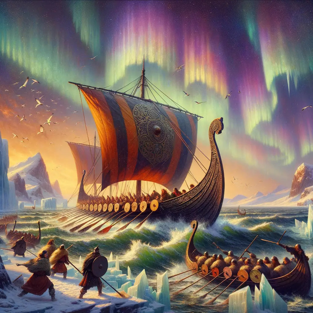 Viking longship under Northern Lights in icy waters, capturing Norse adventure.