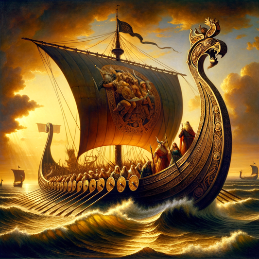 A Viking longship sailing at sea, crew wearing Norse jewelry depicting mythological symbols, horizon bathed in golden sunlight in a cinematic 1960s style.