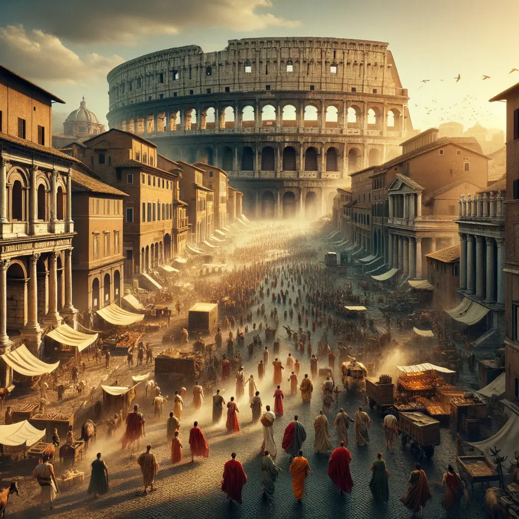 Panoramic view of ancient Rome with the Colosseum, Roman roads, and citizens in traditional attire, capturing the city's vibrant daily life in a style reminiscent of 1960s historical films.