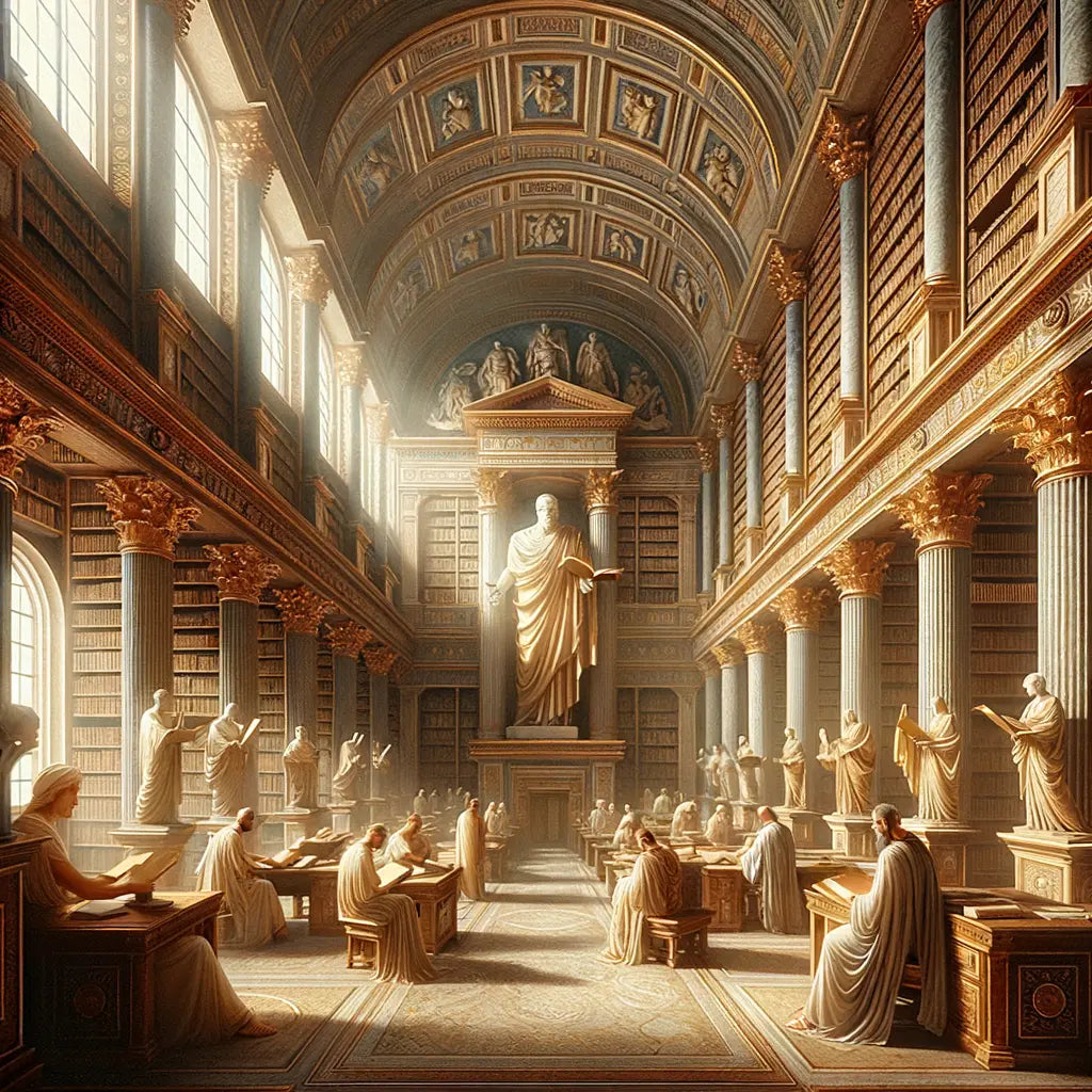 Serene ancient Roman library with scrolls and classical statues, capturing timeless wisdom in a cinematic 1960s style.