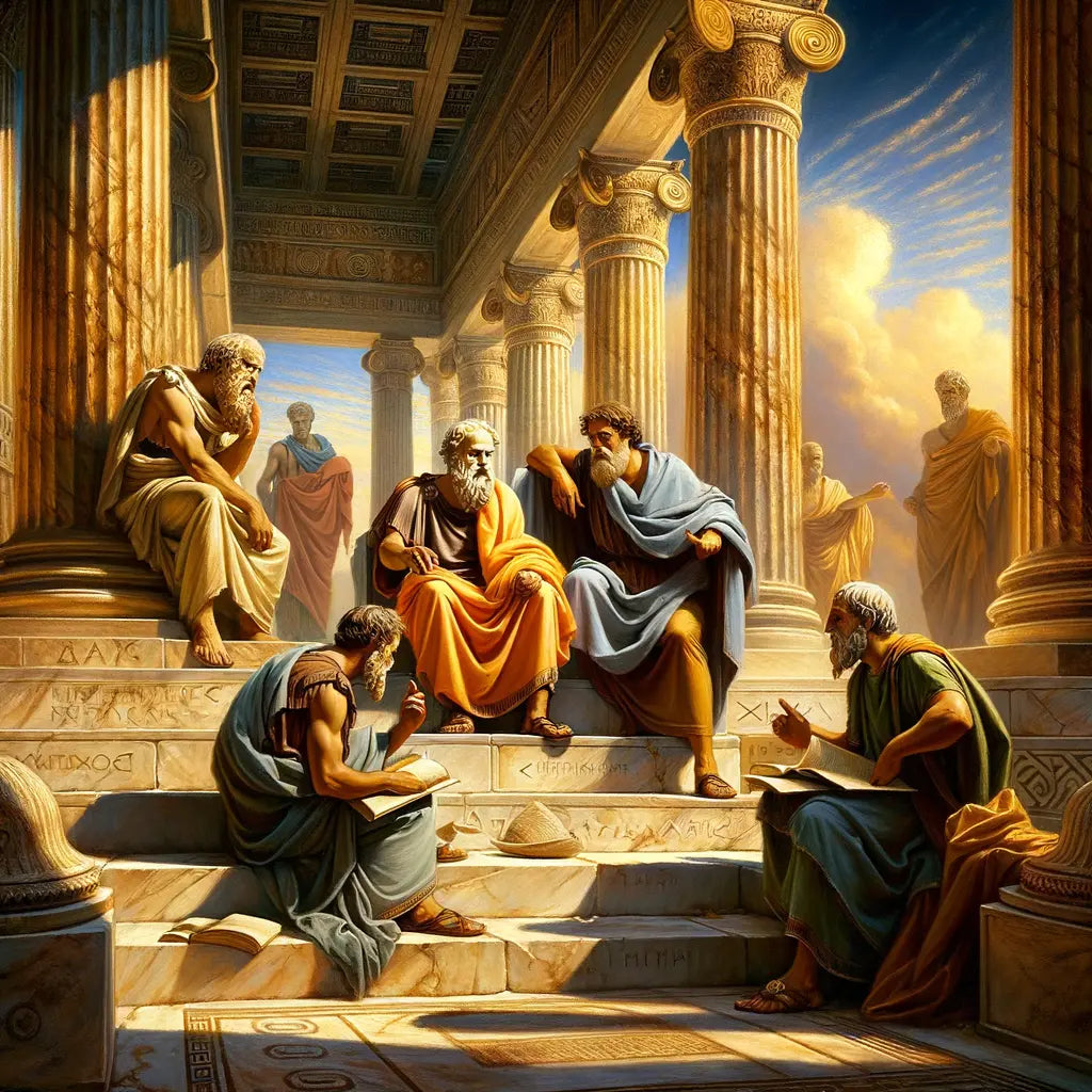Greek philosophers Plato, Aristotle, and Zeno stand before ancient Greek architecture, symbolizing their philosophical legacy, in a style akin to 1960s historical films.