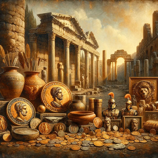 Display of ancient Roman coins, pottery, and military gear in front of ruins, styled like a scene from a 1960s historical epic film.