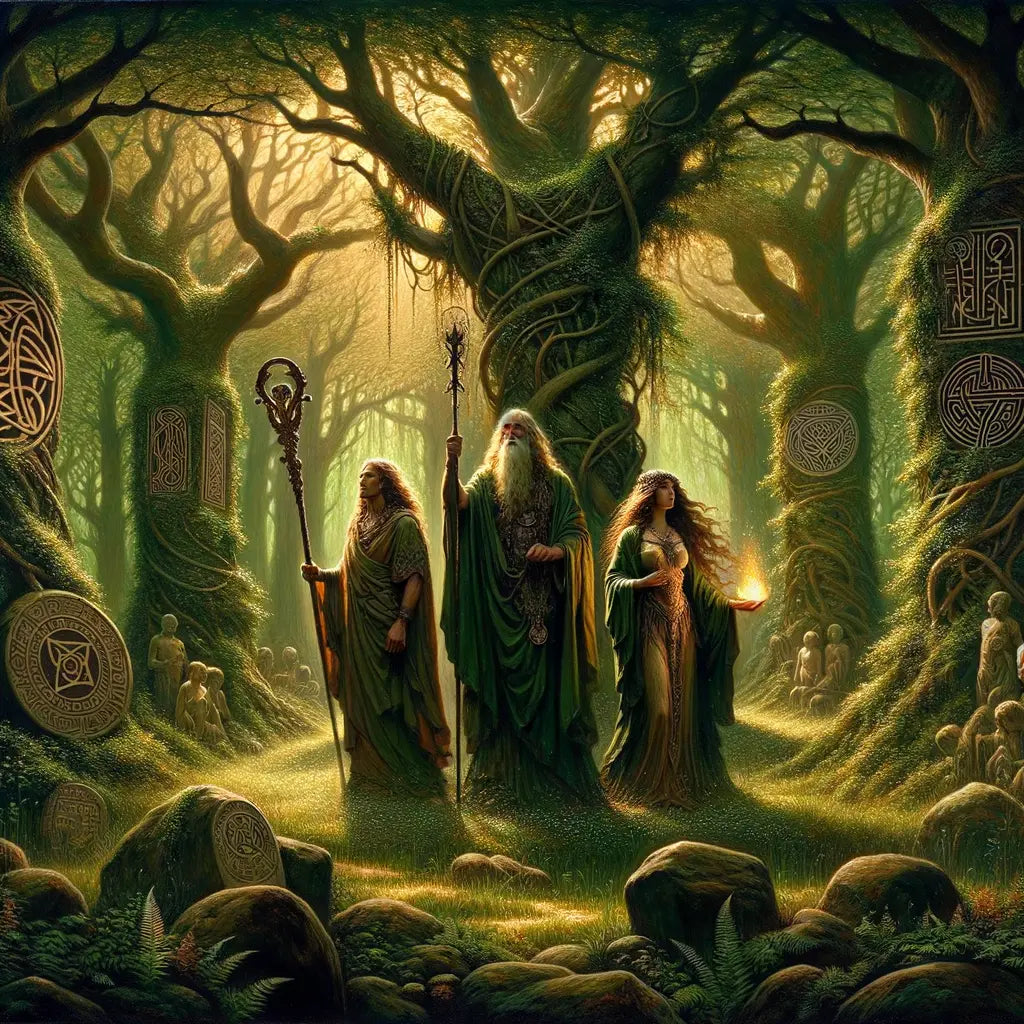 Celtic deities Dagda, Brigid, and Morrigan in a mystical ancient forest, surrounded by natural and symbolic elements, painted in a classic historical film style.