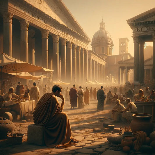 Marcus Aurelius pondering in a bustling Roman forum, evoking the style of classic historical films of the 1960s with a serene and philosophical ambiance.