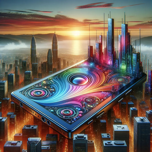 A futuristic gadget surrounded by a glowing urban landscape.