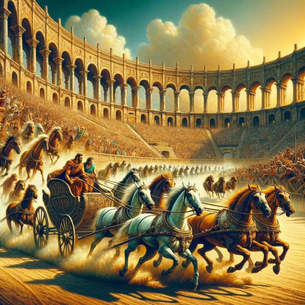 Chariot race at Circus Maximus with dust, cheering crowds, and vivid atmosphere, inspired by 1960s Roman films.