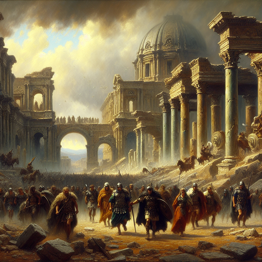 Dramatic painting depicting the fall of the Roman Empire with crumbling Roman architecture, stormy skies, and invading Germanic tribes in period attire.