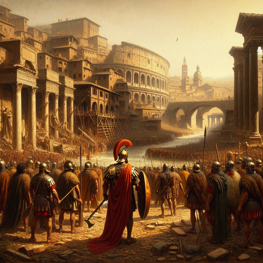 A cinematic historical painting showing Germanic tribes entering the ancient ruins of Rome during the city's fall, blending Roman ruins with medieval elements in a warm, dramatic light.
