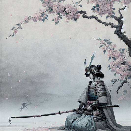 A female samurai in traditional armor poised with a naginata beneath soft cherry blossoms in a misty battlefield, minimalistic and serene.
