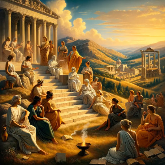 A serene landscape with ancient and modern female philosophers engaging in discussion, reflecting Stoic virtues, inspired by 1960s historical epics.