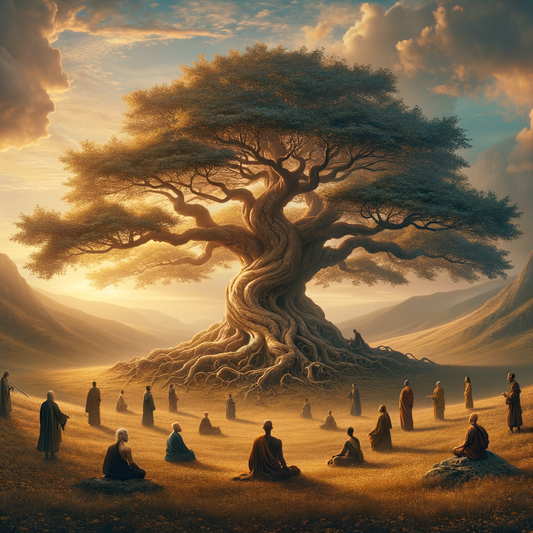 An ancient tree symbolizing the unity of Epicureanism and Buddhism with expansive branches, set in a serene landscape with philosophers and monks.