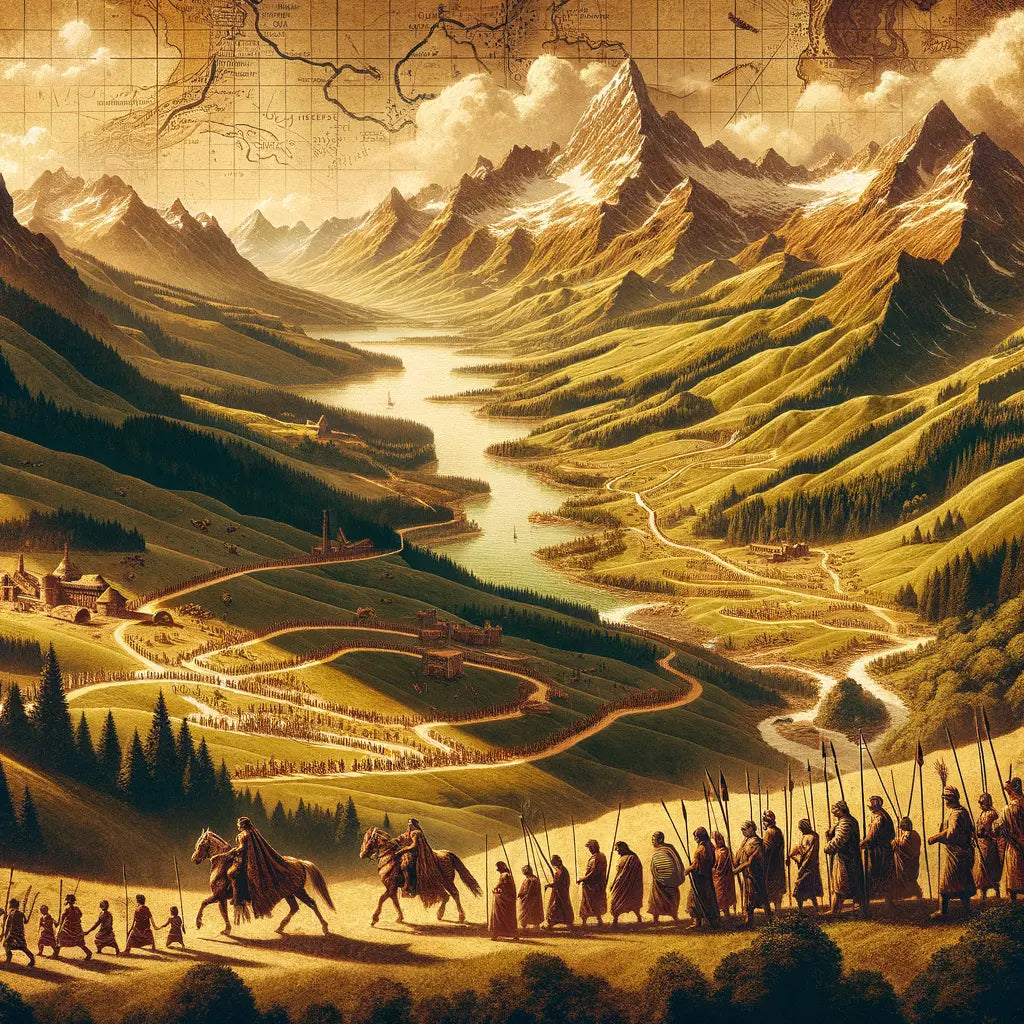 Epic-style map showing Alemanni, Burgundians, and Helvetii tribal routes and settlements in ancient Switzerland.